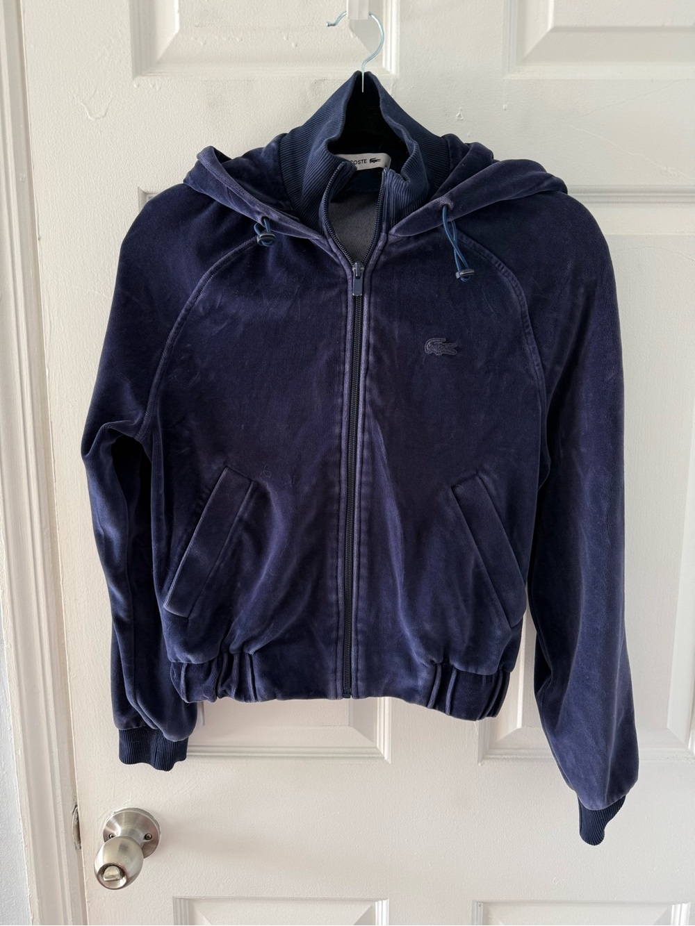 Lacoste Navy Velour Zip Hoodie with Crocodile Logo